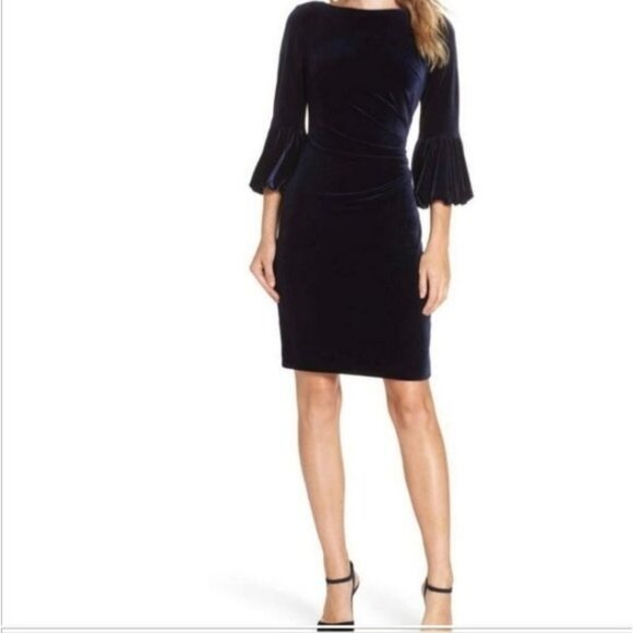 Eliza J Navy Blue Velvet Bell Sleeve Pencil Dress Knee‎ Length Scoop Back - Picture 1 of 15